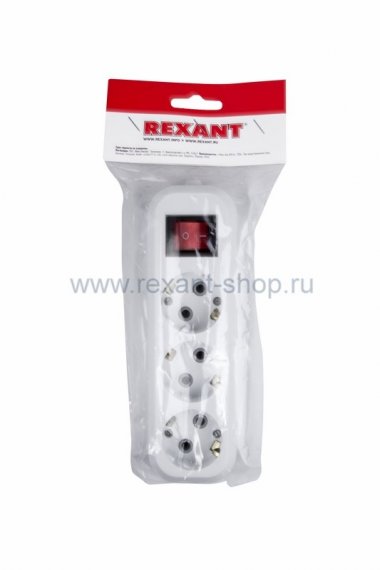Фотография товара 'Rexant Колодка 3 гнезда с кнопкой c заземлением 11-8706'