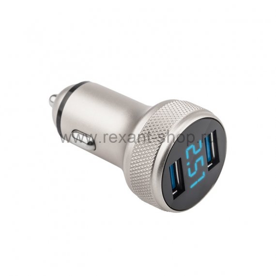 Фотография товара 'Rexant Автозарядка в прикуриватель 2хUSB с дисплеем (АЗУ) (1000+2100 mA) , 18-1947'